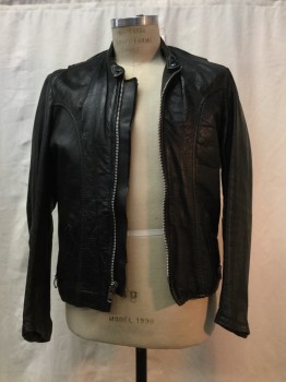 BROOKS, Black, Leather, Solid, Zip Front, Band Collar,  2 Zip Pockets with O Ring Zipper Pulls, Zippers at Cuffs,
