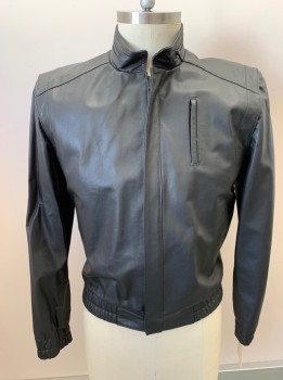 JONATHAN A LOGAN, Black, Leather, Solid, Zip Front, Stand Collar, Welt Pockets,