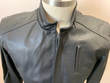 JONATHAN A LOGAN, Black, Leather, Solid, Zip Front, Stand Collar, Welt Pockets,