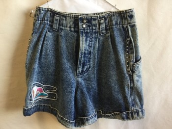 VANTI, Blue, Cotton, Solid, Acid Washed Blue Denim, 2" Waistband with Belt Hoops. 2 Pleat Front, Zip Front, Metal Silver Ball on 4 Pockets Trim, Pink/turquoise/light Brown/brown with Off White Trim Flower-like Embroidery Near Hem Bottom, Cuff Hem