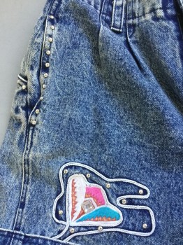 VANTI, Blue, Cotton, Solid, Acid Washed Blue Denim, 2" Waistband with Belt Hoops. 2 Pleat Front, Zip Front, Metal Silver Ball on 4 Pockets Trim, Pink/turquoise/light Brown/brown with Off White Trim Flower-like Embroidery Near Hem Bottom, Cuff Hem