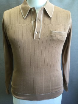 GINO PAOLI, Beige, White, Polyester, Stripes - Vertical , Diamonds, Solid Beige with Self Vertical Stripe Texture, Banlon Knit, Self Diamonds in Horizontal Band Across Chest, White Triangles at Collar Attached, Hem, and 1 Welt Pocket, Long Sleeves, 3 Buttons at Neck,