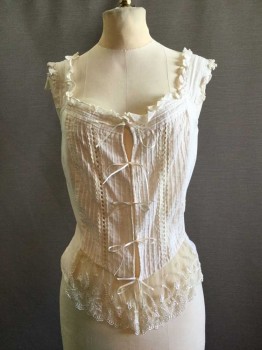 FOX 111, Cream, Cotton, Solid, Ruffled Square Neckline. Wide Ruffled Shoulder Straps. Tuck Pleats At Front with Lace Inlay, 5 Skinny Ribbon Ties At Center Front, Sheer Embroidered Lace At Center Front Lower