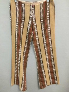 N/L, Brown, Tan Brown, White, Red, Black, Cotton, Stripes - Vertical , Diamonds, Burlap Like Fabric, Low Rise, Bell Bottom, Zip Fly At Center Front, Late 1960's/Hippie