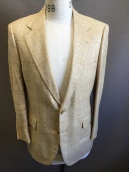 GARY'S/NINES, Tan Brown, Beige, Mint Green, Silk, Polyester, Plaid-  Windowpane, Stripes - Pin, Single Breasted, Notched Lapel, 2 Buttons,  3 Pockets,