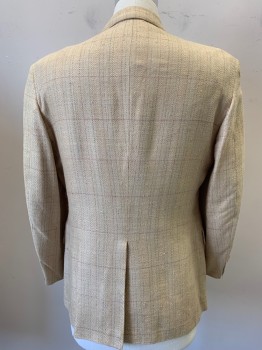 GARY'S/NINES, Tan Brown, Beige, Mint Green, Silk, Polyester, Plaid-  Windowpane, Stripes - Pin, Single Breasted, Notched Lapel, 2 Buttons,  3 Pockets,
