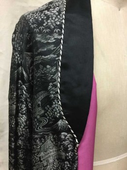 Best Quality, Black, Silver, White, Silk, Novelty Pattern, BLACK Shawl Lapel, Black And Creme Rope Trim, Pink Lining, Open Front