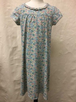 Mini Boden, Ivory White, Blue, Pink, Yellow, Sea Foam Green, Cotton, Acrylic, Floral, Crew Neck With Ruffle Trim, Gathered Bust, Cap Sleeves,