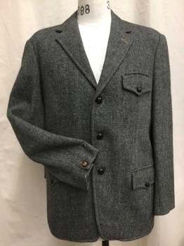 ALEXANDER'S, Gray, Wool, Polyester, Heathered, Heather Gray W/gun Metal Gray Lining, Nl, Single Breasted, 3 Wooden Button Front, 3 Pockets W/bat-wing Flap W/matching Button, Long Sleeves,