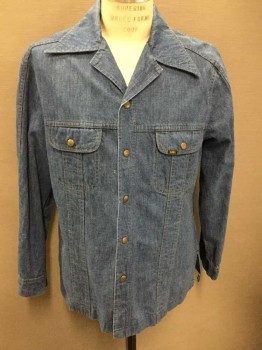 LEE, Denim Blue, Cotton, Solid, Long Sleeves, Snap Front, Wide Collar/Lapel, 2 Pockets, Tan Topstitching,