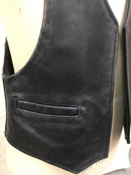 VANSON, Black, Leather, Solid, Black V-neck, Open Front, 2 Slash Pockets Bottom