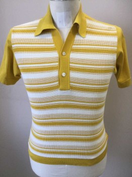 DAMON, Goldenrod Yellow, White, Cream, Cotton, Stripes - Horizontal , Solid, Short Sleeves, 2 Buttons, Solid Back and Sleeves, Knit,