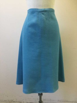 MTO, Turquoise Blue, Wool, Solid, Skirt, A-Line, Knee Length, 3/4" Wide Self Waistband, Side Zipper,