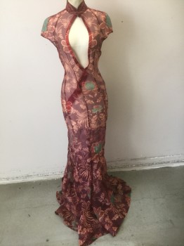 N/L, Red Burgundy, Terracotta Brown, Emerald Green, Brown, Organza/Organdy, Floral, Evening Gown, Sheer Organza, Cap Sleeves, Stand Collar, Open Cutout at Center Front Bust, 2 Tiny Snap Closures at Center Front Neck, Hidden Tiny Snaps at Side Asymmetrical Closure to Hip, Floor Length Hem, Bias Cut Godets Near Hem, Made To Order Reproduction