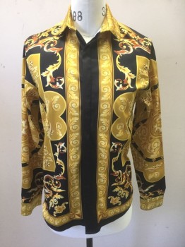 N/L, Black, Mustard Yellow, Goldenrod Yellow, Caramel Brown, Polyester, Novelty Pattern, Grecian Gold Leaf Pattern, with Various Swirls, Abstract Shapes, Long Sleeve Button Front, Collar Attached,
