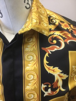 N/L, Black, Mustard Yellow, Goldenrod Yellow, Caramel Brown, Polyester, Novelty Pattern, Grecian Gold Leaf Pattern, with Various Swirls, Abstract Shapes, Long Sleeve Button Front, Collar Attached,