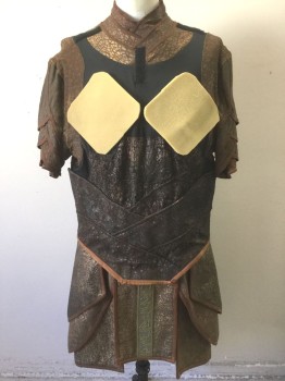 BILL HARGATE, Brown, Faded Black, Gold, Pewter Gray, Synthetic, S/S, Brown Shoulders & Neck with Gold Irregular Spots, Black Solid Stretch Chest,  2 Large Square Beige Foam Pads at Pecs, Mottled Gold Textured Leather Waist and Peplum, Hanging Panels of Gold Metallic Textured Vinyl, Rectangle with Hieroglyphics Pattern On Center Panel, Zip Back