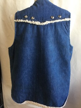 GALE SOBEL, Beige, Cotton, Polyester, Solid, Blue Denim with Sheep Skin Lining, V-neck, Single Breasted,  Metal Studs & Sheep Skin Trim Along 4 Snap Button Front, Yoke Front & Back, and 2 Pockets