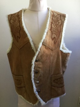 N/L, Tan Brown, Brown, Off White, Suede, Polyester, Leaves/Vines , Animals, Western Yoke, Snap Front, 2 Pockets, Horse Center Back, Faux Sheepskin Lined