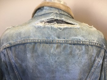 STORM RIDER LEE, Denim Blue, Lt Blue, Tan Brown, Cotton, Acrylic, Solid, Light Faded Denim, Tan Collar, Button Front, 2 Pockets, Acrylic Fuzzy Gray Lining, Very Aged/Holey Throughout, Multiples,
