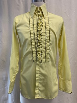 AFTER SIX, Yellow, Poly/Cotton, Solid, Button Front, Collar Attached, Long Sleeves, Pleated Bib Front & Ruffle Button Placket with Black Trim,