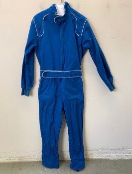N/L, Royal Blue, White, Cotton, Nomex, Solid, Twill, White Piping Trim, Long Sleeves, Zip Front, Stand Collar with Velcro, Self Attached Belt with Velcro Closure, Elastic Waist in Back, Stirrup Legs, Multiples
