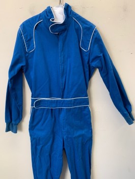 N/L, Royal Blue, White, Cotton, Nomex, Solid, Twill, White Piping Trim, Long Sleeves, Zip Front, Stand Collar with Velcro, Self Attached Belt with Velcro Closure, Elastic Waist in Back, Stirrup Legs, Multiples