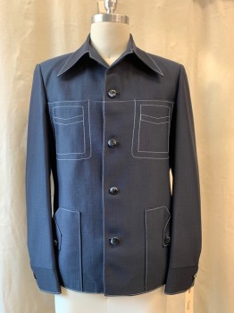 PROSPECT, Navy Blue, Polyester, Solid, with White Top Stitching, 4 Button Center Front, 4 Pockets,