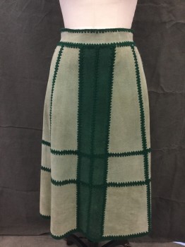 YOUNG EAST, Mint Green, Forest Green, Leather, Acrylic, Patchwork, Skirt, Suede Patches Attached with Forest Green Acrylic Knit, Zip Back and Snap, Calf Length Hem