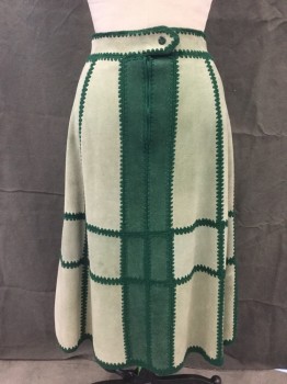 YOUNG EAST, Mint Green, Forest Green, Leather, Acrylic, Patchwork, Skirt, Suede Patches Attached with Forest Green Acrylic Knit, Zip Back and Snap, Calf Length Hem