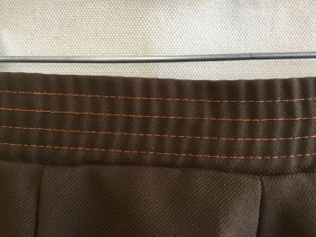 STROLLER, Brown, Polyester, Solid, 1.5" Waist Band Front with Belt Hoops, Elastic Back with 4 Rows of Orange Stitches, 2 Large Patch Pockets Front with Small Flap & Dark Brown Button on Top, Zip Front, Flair Bottom