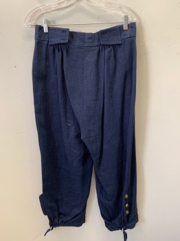 N/L, Navy Blue, Wool, Silk, Solid, Mens Breeches, 1700's. 3 Button Fly Closure in Gold Filigree, 2 Button Down Pockets with Flaps at Front, Button Tab at Cuffs with Adjustable Calf Strap. Waistband With 2 Button Front Closure, Adjustable Waist Lacing at Center back, ( No Laces) Part of 3pc Outfit 1700's