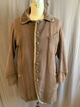 M.T.O., Brown, Wool, Solid, Mens Aged 3/4 Length Coat. Chocolate Brown Wool Twill with Taupe Trim. 7 Covered Buttons Center Front, 2 Covered Button Detail at Center Back Waist. Drab Looking. Cotton Lining