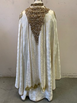 NL, Ivory White, Antique Gold Metallic, Cotton, Textured Fabric, Jacquard, Cape/Robe Garment, Matches Chasuble, Floral Appliqué On Back & Shoulders, On Center Front Hem & Down Front