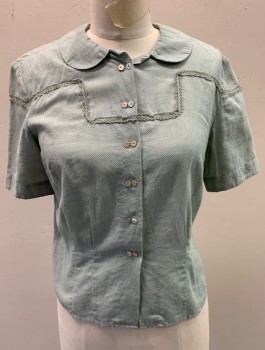 N/L, Sage Green, Cotton, Solid, Ribbed Texture Cotton, Short Sleeves, Peter Pan Collar, Buttons in Sets of 2 in Front, Lace Trim at Perpendicular Angles Across Front and Sleeves, Darts at Waist, Multiples, Made To Order