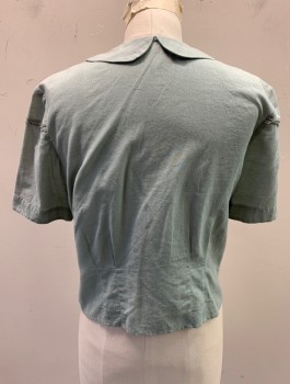 N/L, Sage Green, Cotton, Solid, Ribbed Texture Cotton, Short Sleeves, Peter Pan Collar, Buttons in Sets of 2 in Front, Lace Trim at Perpendicular Angles Across Front and Sleeves, Darts at Waist, Multiples, Made To Order
