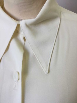 N/L, Cream, Polyester, Solid, Chiffon, Long Sleeve Button Front, Collar Attached, Long Style Collar, 1 Button Cuffs,