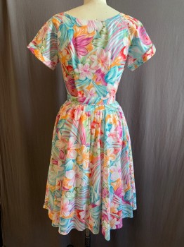 S.L. PETITES, Blue, Multi-color, Polyester, Rayon, Floral, Scoop Neck, S/S, Button Front, 2 Pockets, Light Purple, Orange, Pink, Red Flowers