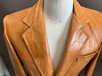 CRESCO, Tan Brown, Leather, Solid, Single Breasted, Notched Lapel, 2 Buttons,  3 Pockets,