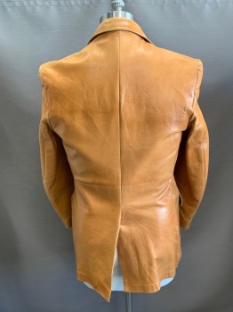 CRESCO, Tan Brown, Leather, Solid, Single Breasted, Notched Lapel, 2 Buttons,  3 Pockets,