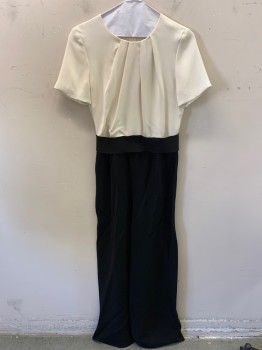 MAX MARA, Ivory White, Black, Synthetic, Polyester, Color Blocking, Short Sleeves, Pleated Front, Zip Back, Attached Elastic Belt with Velcro, Wide Leg