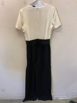 MAX MARA, Ivory White, Black, Synthetic, Polyester, Color Blocking, Short Sleeves, Pleated Front, Zip Back, Attached Elastic Belt with Velcro, Wide Leg
