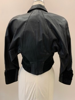 CHIA, Black, Leather, Solid, L/S, Snap Button Front, Shawl Collar, Suede Sides And Cuffs Shoulder Pads