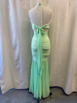 CACHE, Mint Green, Polyester, Halter, V-neck, Large Rhinestone Detail at Center, Ruched, Mermaid Shape, Tulle Bottom, Tie Back Side Straps