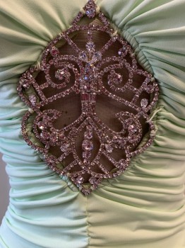 CACHE, Mint Green, Polyester, Halter, V-neck, Large Rhinestone Detail at Center, Ruched, Mermaid Shape, Tulle Bottom, Tie Back Side Straps