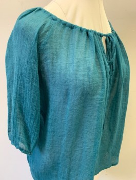 N/L, Teal Blue, Cotton, Solid, Peasant Blouse, Sheer Gauze, Drawstring Scoop Neck with Keyhole at Center Front, 3/4 Sleeves with Elastic Cuffs, Historical Fantasy