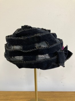 N/L, Black, Cotton, Velvet Ribbon With Loop Trim On Netted Cap, Bow With Purple And Gold Embellishments