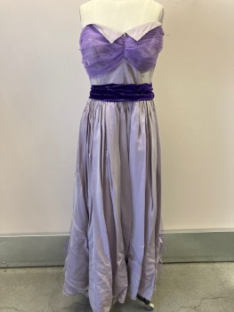 WILL STEINMAN, Lavender Purple, Iridescent Purple, Silk, Solid, Strapless,  Bodice With Lapels And Tulle Attached At CF And CB  Gathered Velvet  Cummerbund, Side Zipper