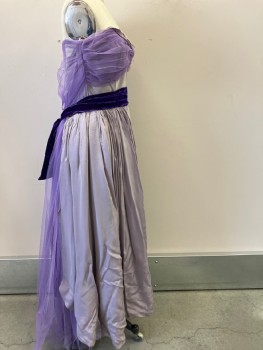 WILL STEINMAN, Lavender Purple, Iridescent Purple, Silk, Solid, Strapless,  Bodice With Lapels And Tulle Attached At CF And CB  Gathered Velvet  Cummerbund, Side Zipper
