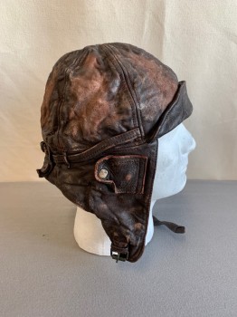 MIL-TEC, Dk Brown, Brown, Leather, Faded, Solid, AVIATOR CAP, Flipped Bill, Adj Straps at Back of Cap, Adj Chin Strap *Aged/Distressed*